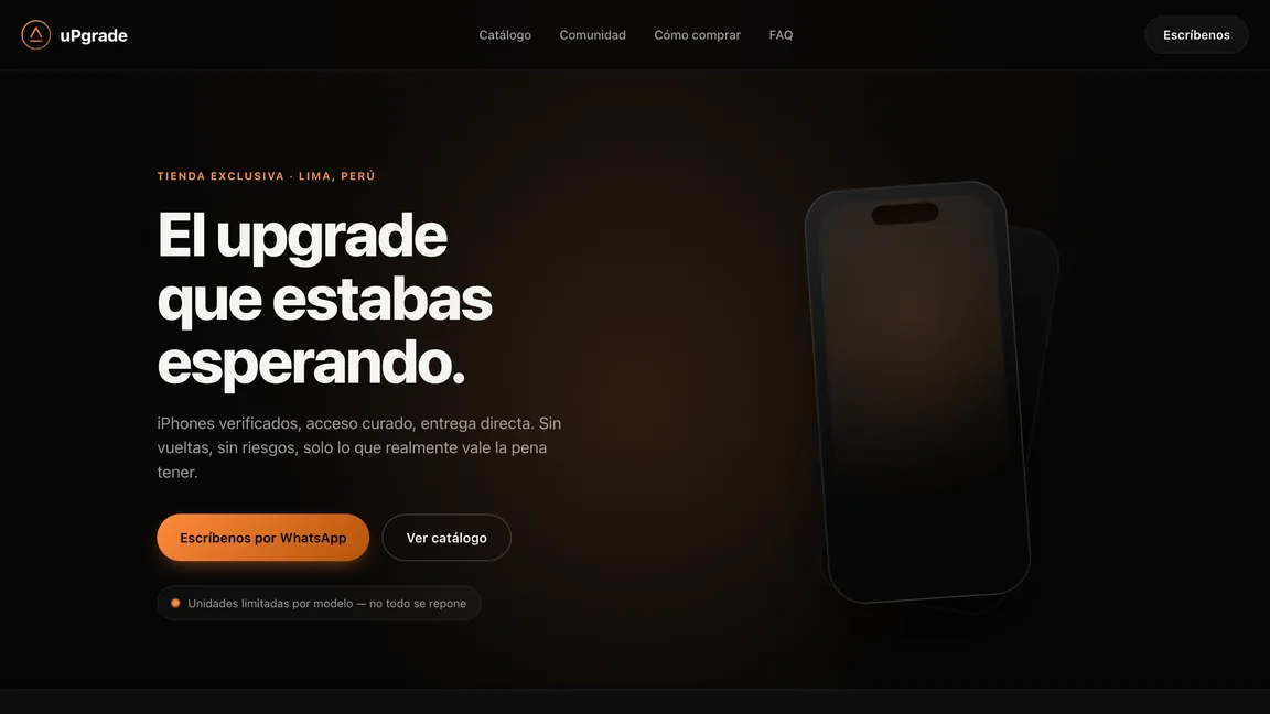 Portada del sitio de Upgrade, con el catálogo y el contacto por WhatsApp